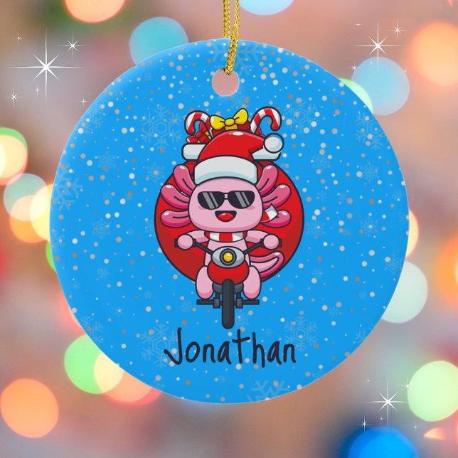 Cute Axolotl Riding a Motorcycle with Santa Hat Julgransprydnad Keramik (Personalize with a name. Available in assorted ornaments and products.)