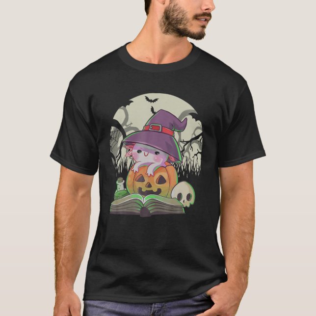 Cute Axolotl Witch Reading Bok Pumpkin Halloween T Shirt (Framsida)