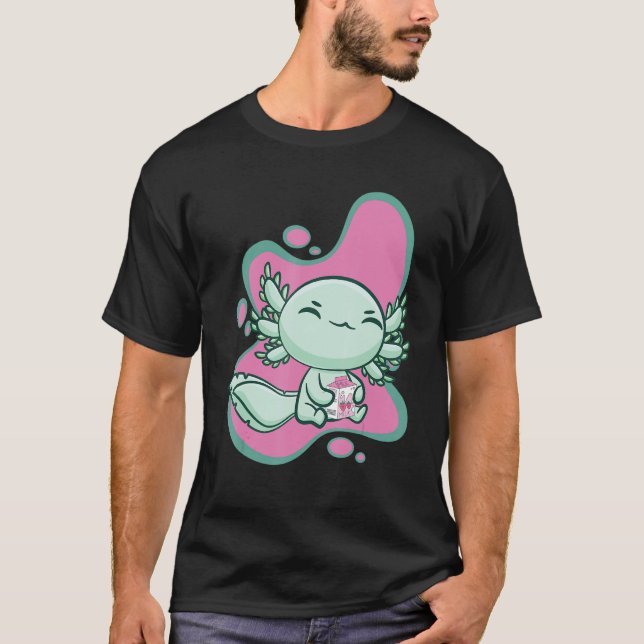 Cute Axolotl With Strawberry Milk And Bubble Tea B T Shirt (Framsida)