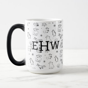 Cute B&W Winter Woodland Animals w Monogram Magisk Mugg