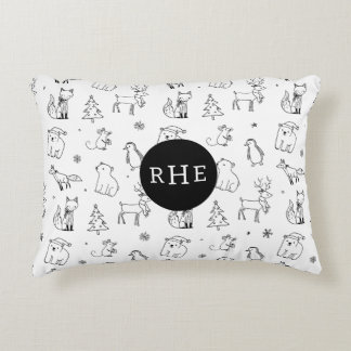 Cute B&W Winter Woodland Animals w Monogram Prydnadskudde
