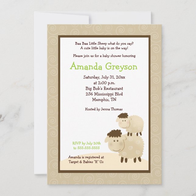 Cute Baa Sheep 5x7 Baby Shower Inbjudan Neutralt (Framsida)