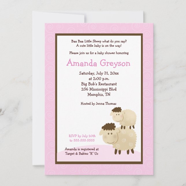 Cute Baa Sheep 5x7 Baby Shower Inbjudan Rosa (Framsida)