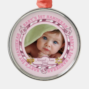 Cute Baby 1st Hanukkah Dreidels Photo Namn Metall Julgransprydnad Metall