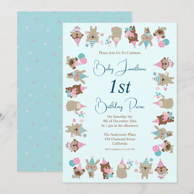 Cute Baby Animals 1st Birthday Picnic Aqua Inbjudningar (Fram/baksida)