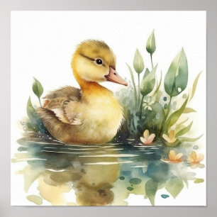Cute Baby Anka, Anka på en dammvattenfärg Poster