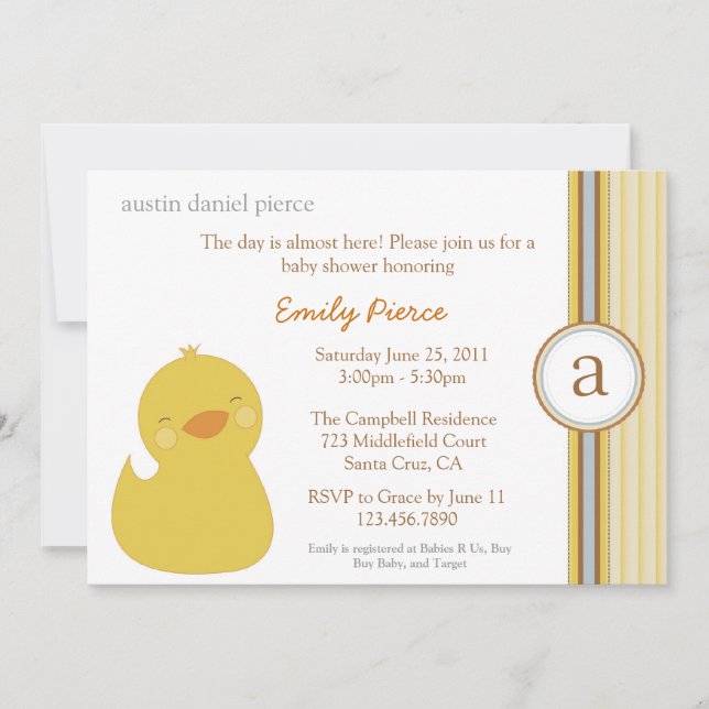 Cute Baby Anka Baby Shower Inbjudan (Framsida)