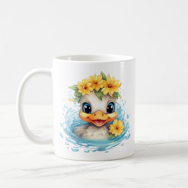 Cute Baby Anka Ducklings Roligt: blommor Kaffemugg (Vänster)