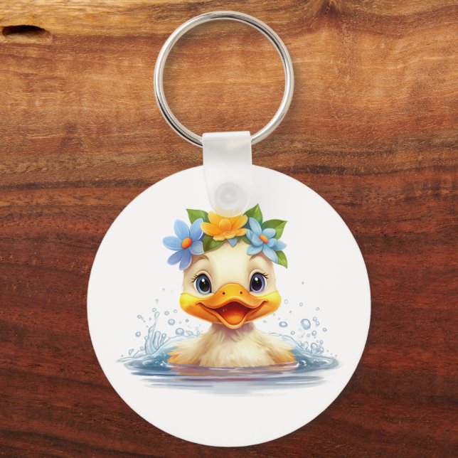 Cute Baby Anka Ducklings Roligt: blommor Nyckelring (Baksida)