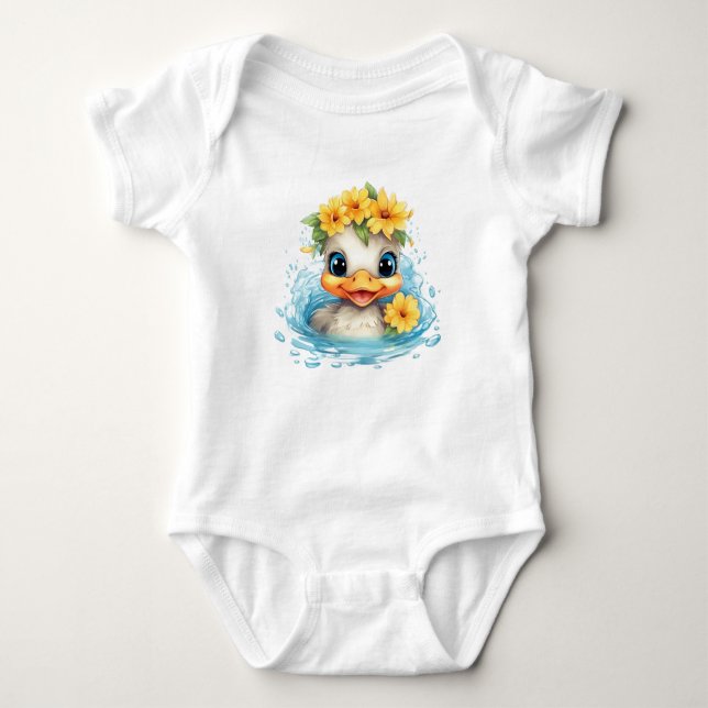Cute Baby Anka Ducklings Roligt: blommor T Shirt (Framsida)