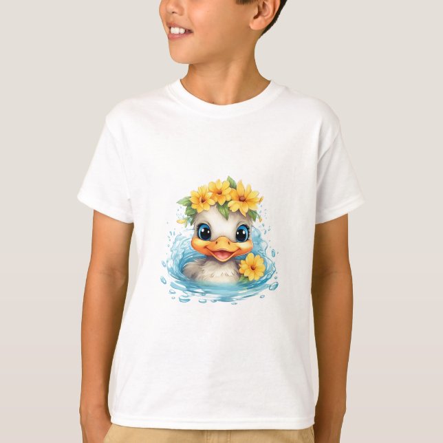 Cute Baby Anka Ducklings Roligt: blommor T Shirt (Framsida)