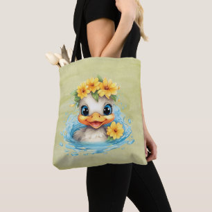 Cute Baby Anka Ducklings Roligt: blommor Tygkasse