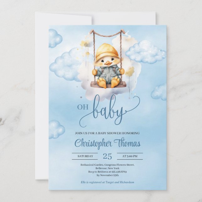 Cute baby anka om svängning i himlar Oj Baby Inbjudningar (Framsida)