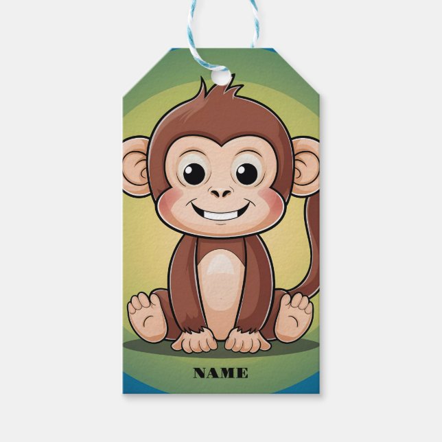 Cute baby apa med stor leende grönt bakgrund presentetikett (Framsidan)