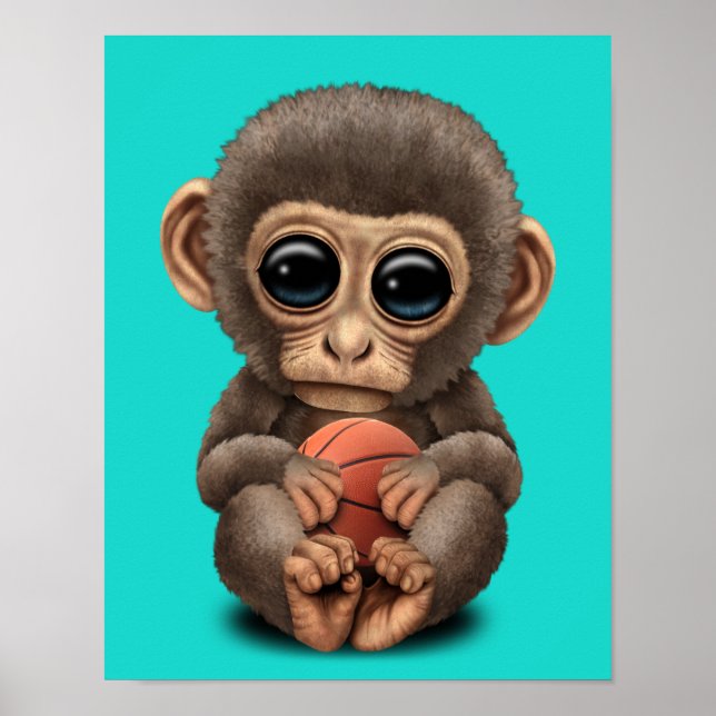 Cute Baby apa spelar med basket Poster (Framsidan)