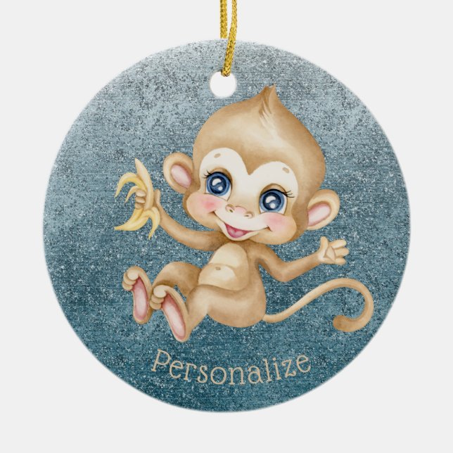 Cute Baby apkey Banana Blue Glitter personalize Julgransprydnad Keramik (Framsidan)
