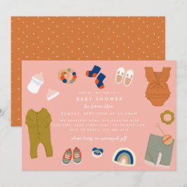 Cute Baby-artiklar Illustrerade Rosa Baby Shower Inbjudningar
