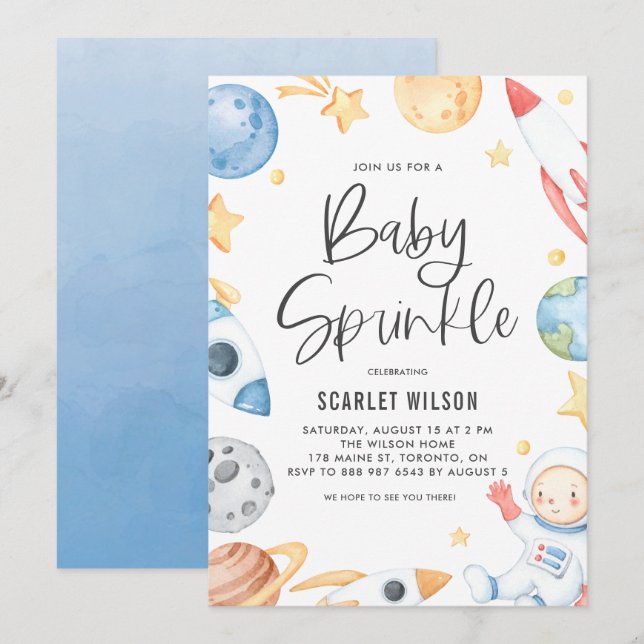 Cute Baby Astronaut Space Theme Baby Sprinkle Inbjudningar (Fram/baksida)