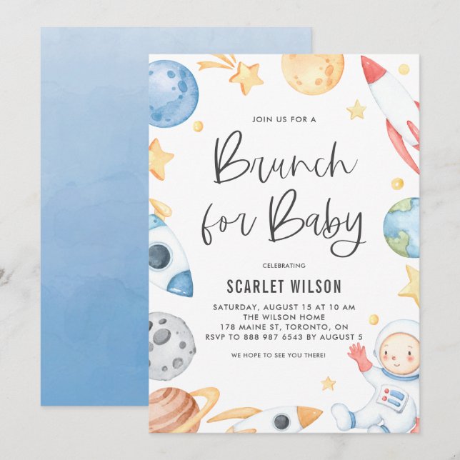 Cute Baby Astronaut Space Theme Brunch för Baby Inbjudningar (Fram/baksida)