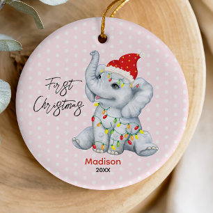 Cute baby, baby elefantens rosa vid den första jul julgransprydnad keramik