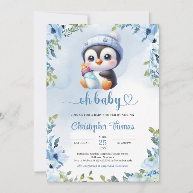 Cute baby baby penguin vattenfärgsblå blommigt inbjudningar (Framsida)