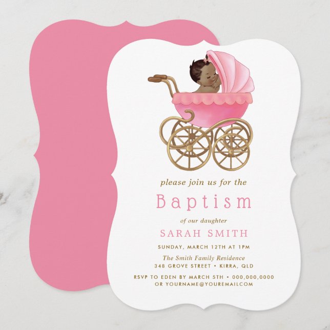 Cute Baby Barnvagn Pram Rosa Baptism Christening Inbjudningar (Fram/baksida)