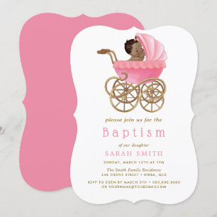 Cute Baby Barnvagn Pram Rosa Baptism Christening Inbjudningar