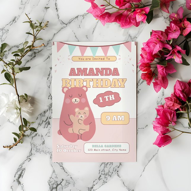 Cute Baby Bear 1:a födelsedagsinbjudan Inbjudningar (Skapare uppladdad)