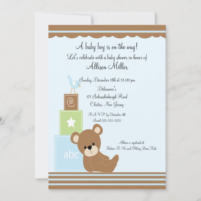 Cute Baby Bear Blocks Boy Baby Shower Inbjudningar (Framsida)
