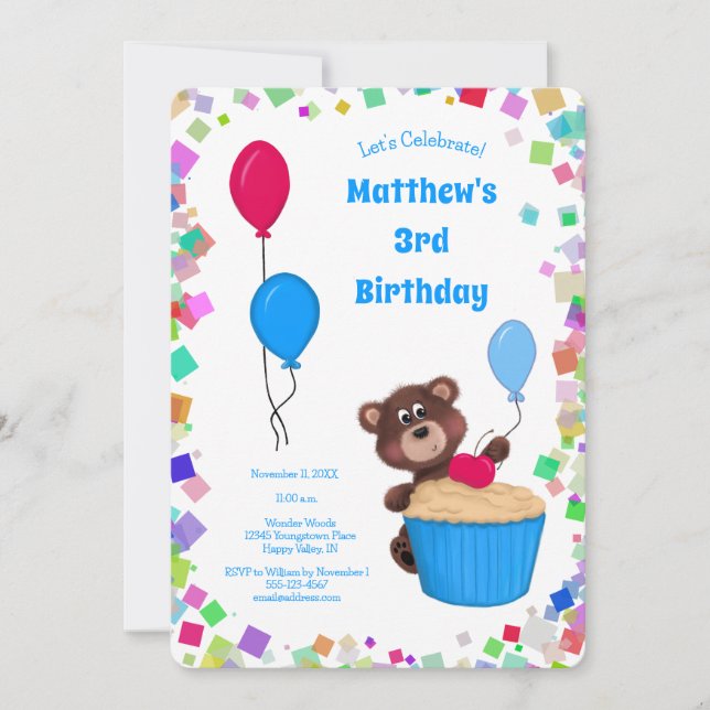 Cute Baby Bear Cuptårta Blue Balloon Birthday Inbjudningar (Framsida)