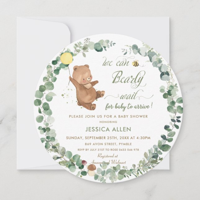 Cute Baby Bear Greenery Gender Neutral Baby Shower Inbjudningar (Framsida)