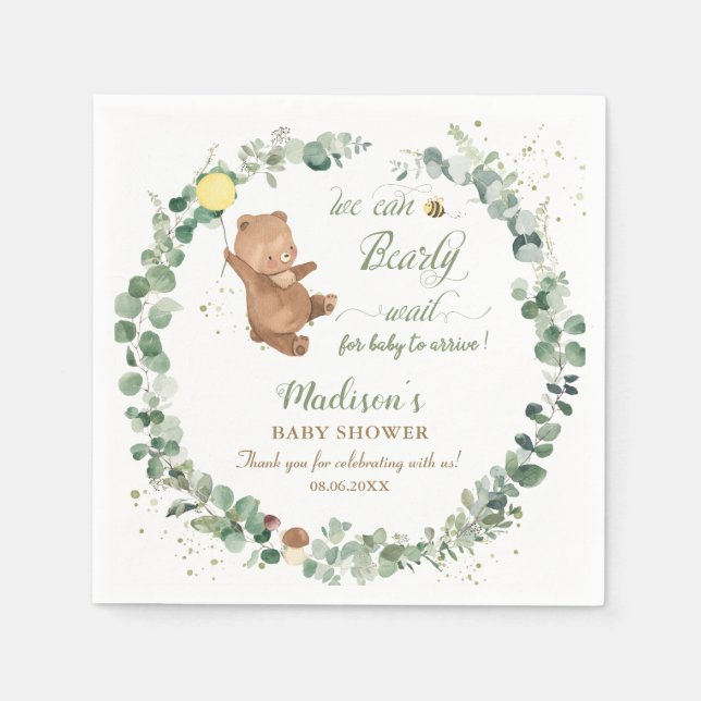 Cute Baby Bear Greenery Gender Neutral Baby Shower Pappersservett (Framsidan)