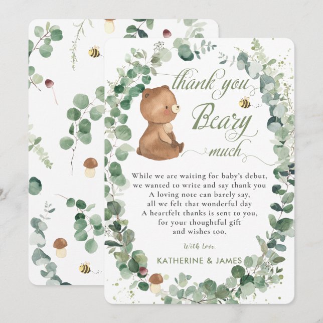 Cute Baby Bear Greenery Gender Neutral Shower T Tack Kort (Fram/baksida)