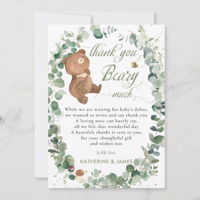 Cute Baby Bear Greenery Gender Neutral Shower Tack Kort (Framsida)