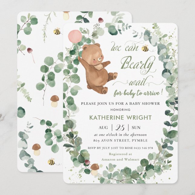 Cute Baby Bear Greenery Girl Baby Shower Inbjudningar (Fram/baksida)