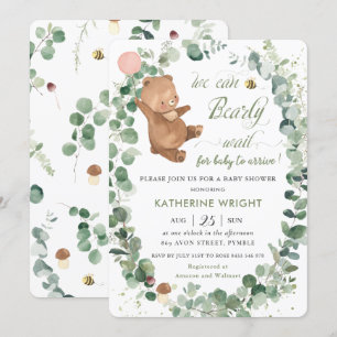 Cute Baby Bear Greenery Girl Baby Shower Inbjudningar