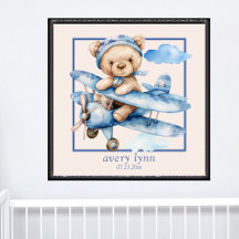 Cute Baby Bear & Leksak Flygplan Nursery Wall Art