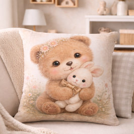 Cute Baby Bear With Bunny Neutral Kids Room Kudde