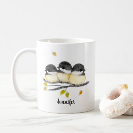 Cute Baby Bird 3 Chickadees på Träd Gren Kaffemugg
