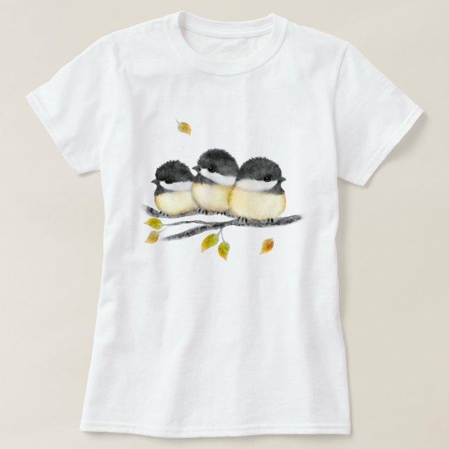 Cute Baby Bird 3 Chickadees på Träd Gren T Shirt (Design framsida)