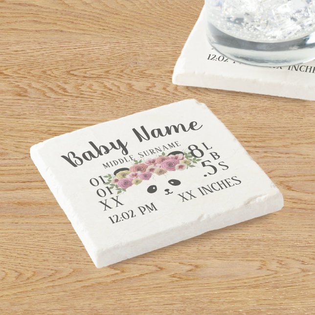 Cute Baby Birds Stats Blommigt Panda Stone Underlä Stenunderlägg (New baby? Here's a cute panda themed birth stats coaster that makes a great gift for grandparents)