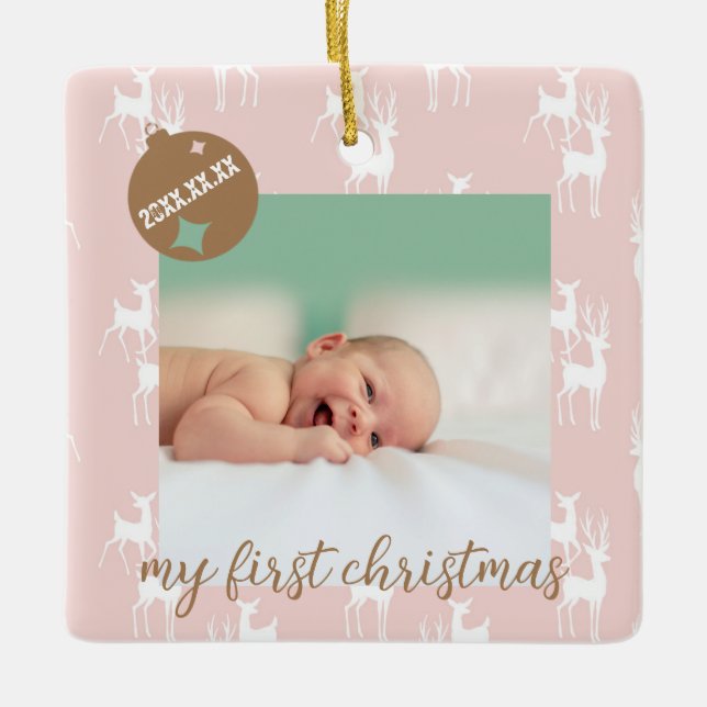 Cute Baby Birth Announcement Photo Julgransprydnad Keramik (Framsida)