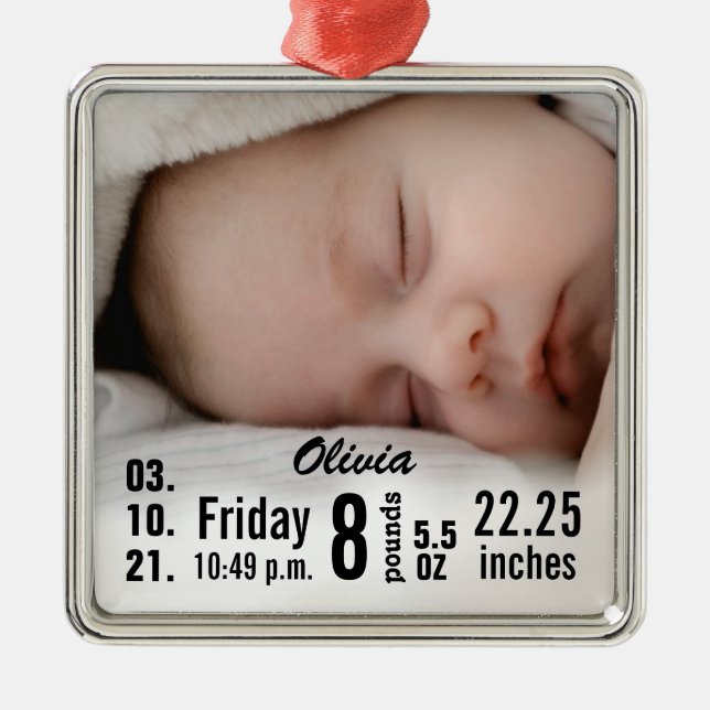 Cute Baby Birth Stats Birth Record julfoto Julgransprydnad Metall (Framsidan)