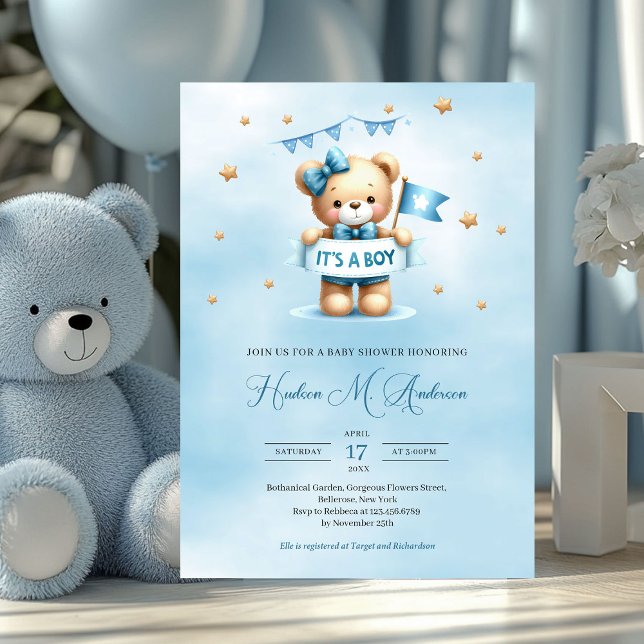 Cute baby björn är en babydusch. inbjudningar (teddy bear with ribbon it's a boy baby shower invitation)