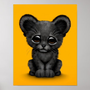 Cute Baby Black Panther Unge på Gult Poster