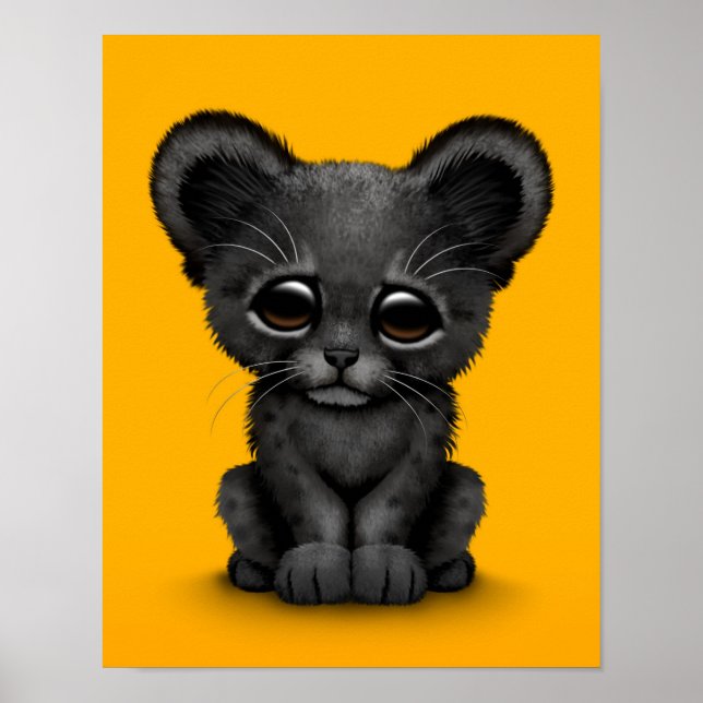 Cute Baby Black Panther Unge på Gult Poster (Framsidan)