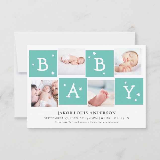 Cute BABY Block Photo Collage Newborn Baby | Teal Meddelande (Framsida)