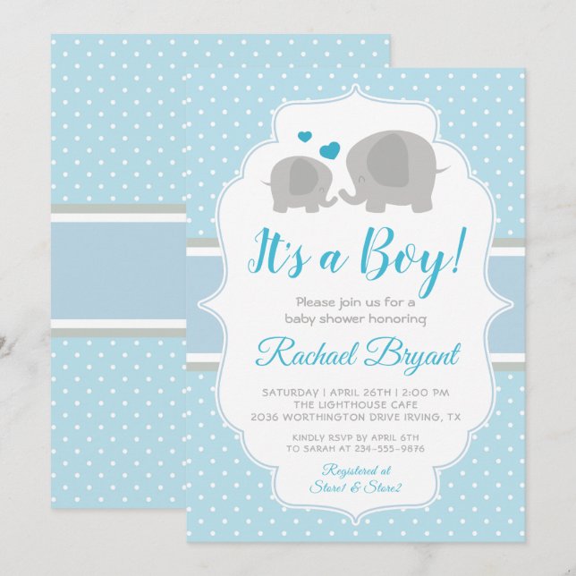 Cute Baby blue Boy Elephant Baby Shower Inbjudningar (Fram/baksida)