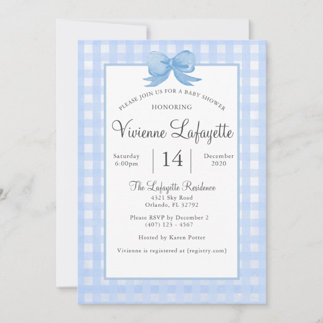 Cute Baby blue Gingham med Bow Baby Shower Inbjudningar (Framsida)