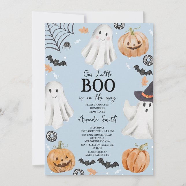 Cute Baby blue Halloween Little Boo Baby Shower Inbjudningar (Framsida)
